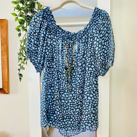 Moda International Animal Print Peasant Embellished Blouse Women’s Medium - Picture 3 of 13